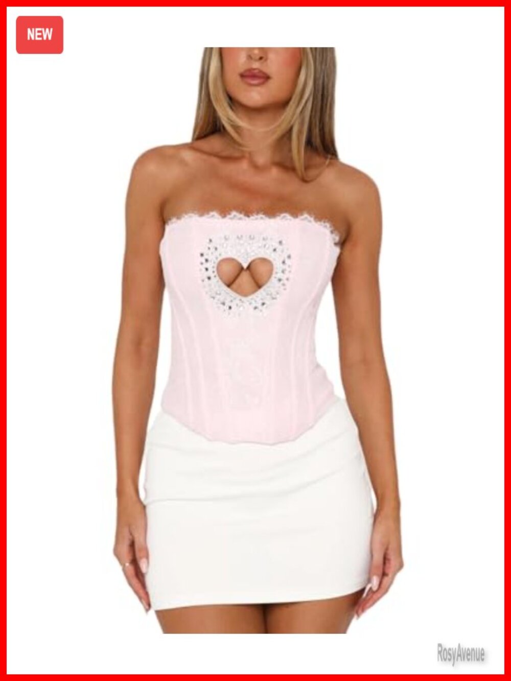 Lace Up Rhinestone Corset Top Heart Cutout Floral Embroidery Strapless Bustier